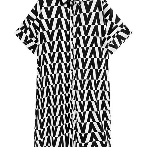 Load image into Gallery viewer, Women Black Pattern Printed Big Size Long Shirt Dress New Lapel Half Sleeve Loose Fit Fashion Spring Summer 2025 1DE9944
