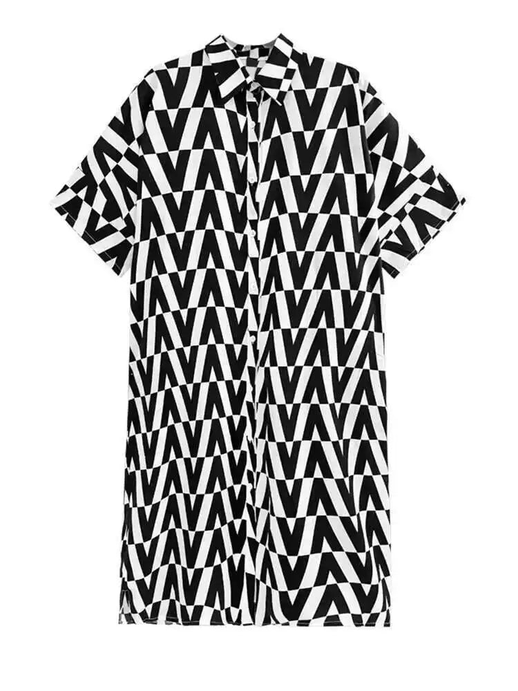 Women Black Pattern Printed Big Size Long Shirt Dress New Lapel Half Sleeve Loose Fit Fashion Spring Summer 2025 1DE9944