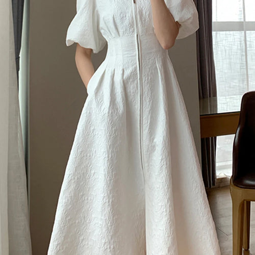 Load image into Gallery viewer, Vintage French Holiday White Dress Short Puff Sleeves Zipper Front A Line Slim Dress Elegant Party Dress Summer
