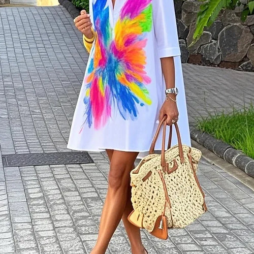 Load image into Gallery viewer, Summer Women&#39;s Printed Mini Dresses 2025 New Contrast Color Lapel Buttoned Simple Vacation A-line Shirt Dress for Woman
