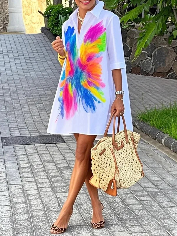 Summer Women's Printed Mini Dresses 2025 New Contrast Color Lapel Buttoned Simple Vacation A-line Shirt Dress for Woman