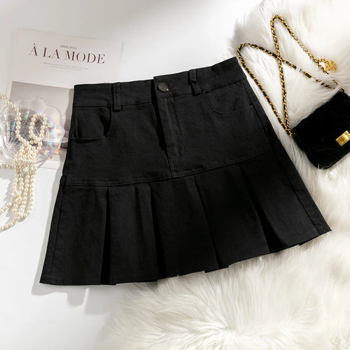 Load image into Gallery viewer, Korean Women's Denim Pleated Skirt Sexy Slim Mini Skirts Woman Summer Solid Color High Waist A-line Wrapped Short Skirt Simple
