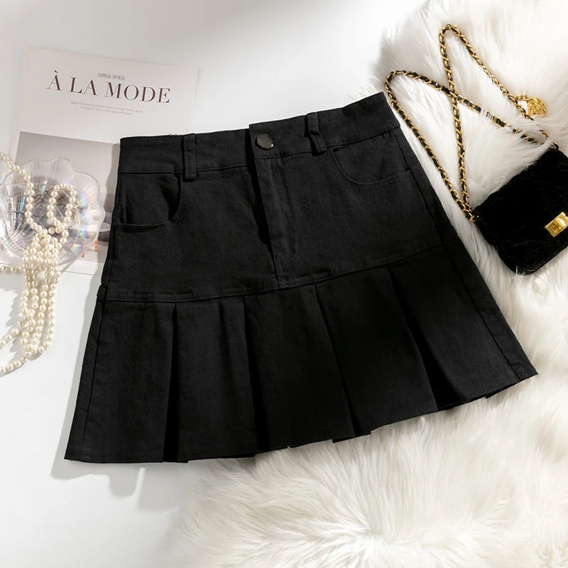 Korean Women's Denim Pleated Skirt Sexy Slim Mini Skirts Woman Summer Solid Color High Waist A-line Wrapped Short Skirt Simple
