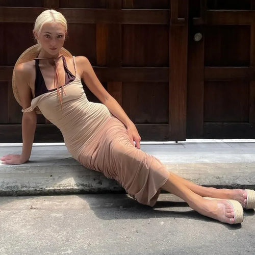 Load image into Gallery viewer, Elegant Mesh Patchwork Elastic Tight Dress Women Sexy Open Back Pleated Female Dress Slim Fit Party Vacation Club 2024
