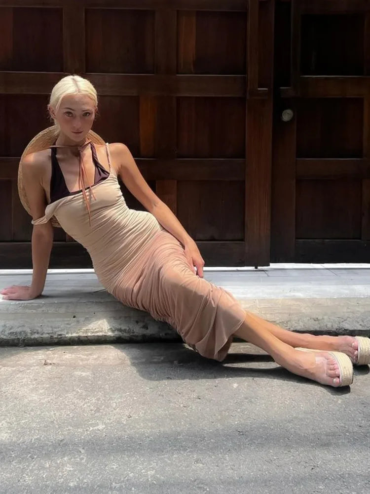 Elegant Mesh Patchwork Elastic Tight Dress Women Sexy Open Back Pleated Female Dress Slim Fit Party Vacation Club 2024