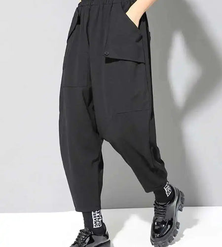 High Elastic Waist Black Pockets Casual Harem Pants New Loose Fit Trousers Women Fashion Tide Spring Autumn 2025 1DF4686