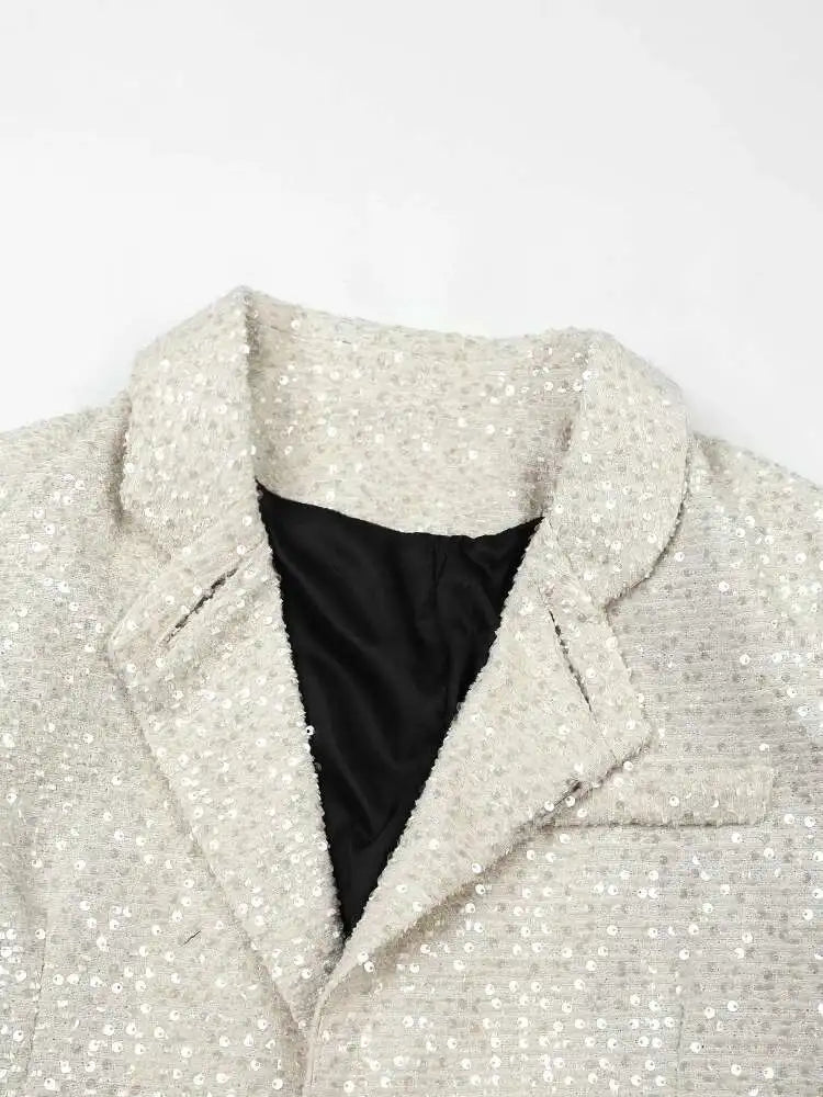 Women Beige Sequins Big Size Elegant Blazer New Lapel Long Sleeve Loose Fit Jacket Fashion Tide Spring Autumn 2025 CPG0776
