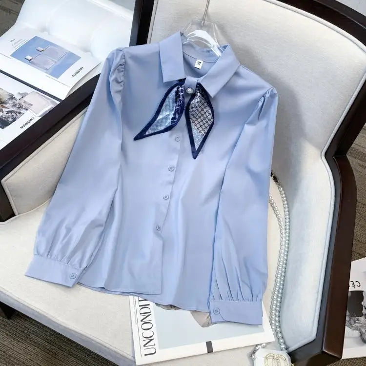 Spring Blue Versatile Blouse White Fashion Women Elegant Tops Casual Ladies Beige Long Sleeve Single Breasted Shirt Popular Chic