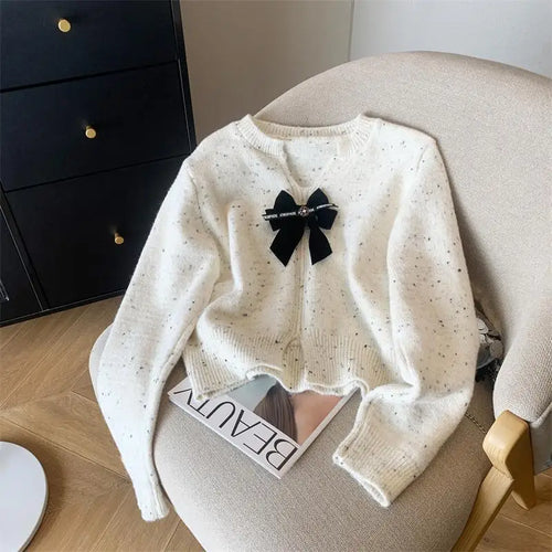 Load image into Gallery viewer, White Long Sleeve Knitted Women Bright Silk Bow Sweater Red V-neck Office Lady Button Casual Pullover Top Autumn Winter
