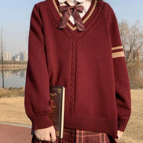 Load image into Gallery viewer, V-neck Twist Patchwork Grunge Sweaters Loose Knitted Vintage Solid Preppy Jumpers Japanese Y2k Aesthetic Femme Casual Pullovers
