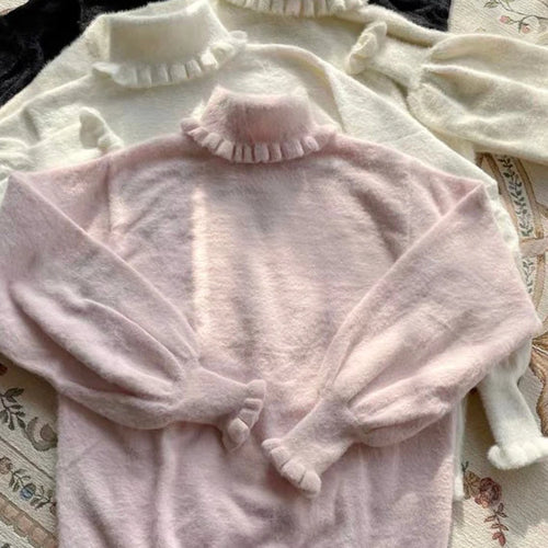 Load image into Gallery viewer, Soft Basic Pullover Women Japanese Ruffle Turtleneck Puff Sleeve Sweater Jk Lolita Inside Jumper  Fairy Sueter Top
