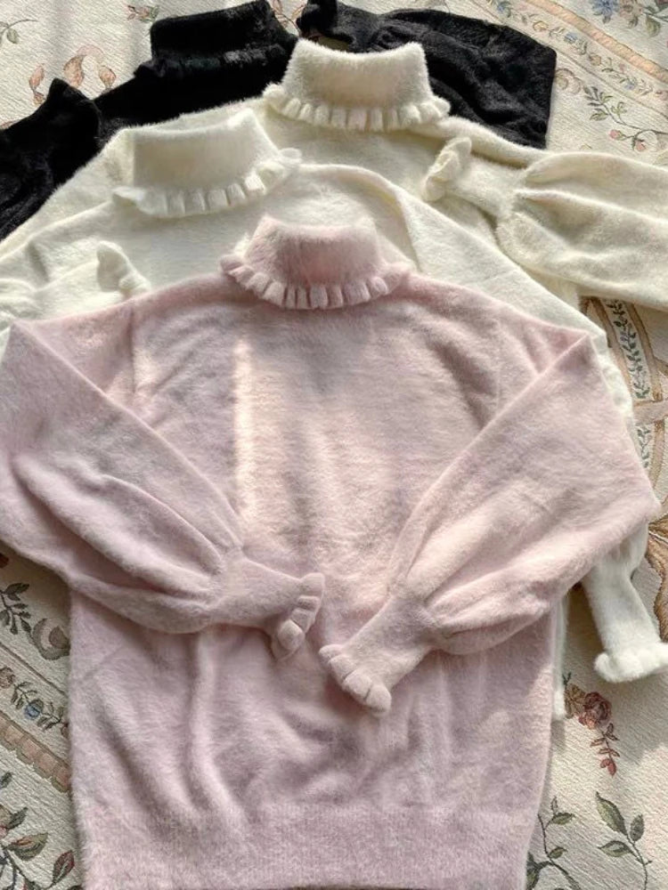 Soft Basic Pullover Women Japanese Ruffle Turtleneck Puff Sleeve Sweater Jk Lolita Inside Jumper  Fairy Sueter Top