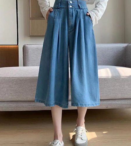 Retro Blue High Waisted Wide Leg Pleated Jeans Women's Spring Summer Loose Straight Seven Point Denim Pants Streetwear Fashion