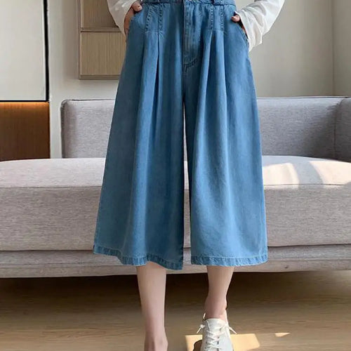 Load image into Gallery viewer, Retro Blue High Waisted Wide Leg Pleated Jeans Women's Spring Summer Loose Straight Seven Point Denim Pants Streetwear Fashion
