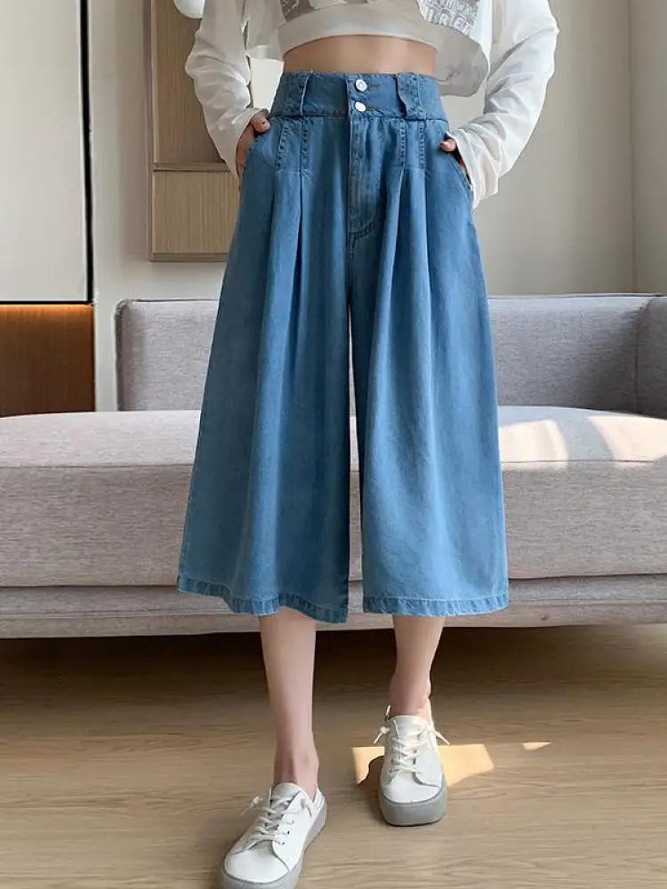 Retro Blue High Waisted Wide Leg Pleated Jeans Women's Spring Summer Loose Straight Seven Point Denim Pants Streetwear Fashion