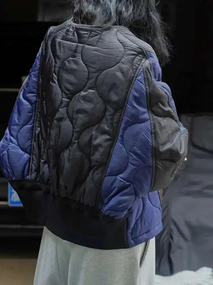 Blue Color-block Big Size Warm Cotton-padded Coat Long Sleeve Women Parkas Fashion Tide New Autumn Winter 2025 1DH2262