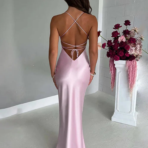 Load image into Gallery viewer, Sexy Spaghetti Strap Bodycon Satin Dress With Open Back Lace Up Female Long Dress Elegant Party Club Evening Dress 2024
