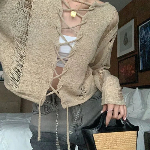 Load image into Gallery viewer, Y2K Holes Knitted Cardigans Two Side Wear Retro Harajuku Sexy Cropped Jumpers Women Full Sleeve Bandage Outwear Autumn Grunge
