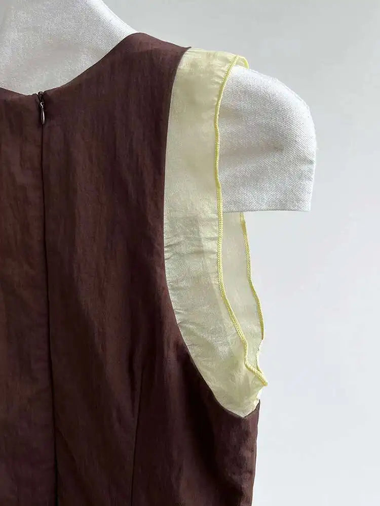 Women Coffee Color-block Elegant Long Vest Dress New Round Neck Sleeveless Fashion Tide Spring Summer 2025 1DJ0743