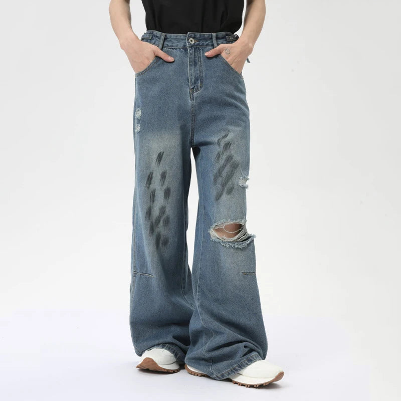 Summer Men's Denim Pants New Streetwear Distressed Dirty Printed Straight Leg Jeans Trendy Male Hole Design Trousers 9C5973