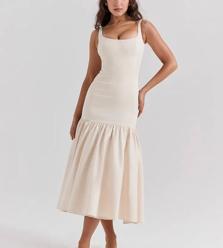 Backless Maxi Fishtail Dress For Women Gown Fashion Square Collar Sleeveless Loose Pleated Long Dress Elegant Dresses