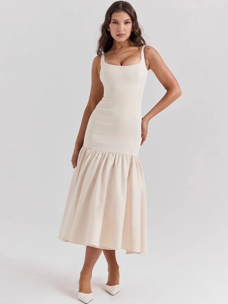 Backless Maxi Fishtail Dress For Women Gown Fashion Square Collar Sleeveless Loose Pleated Long Dress Elegant Dresses