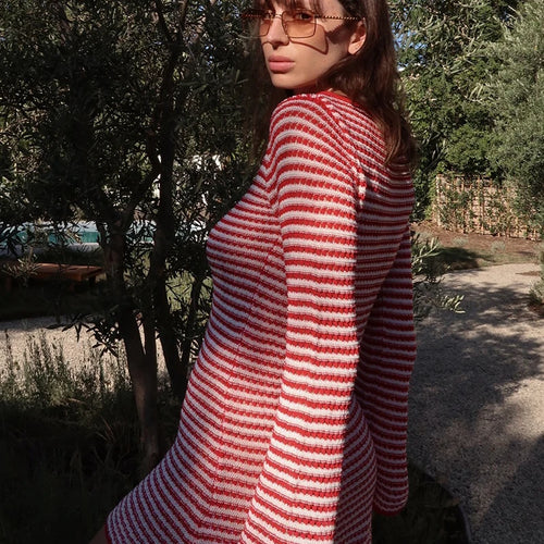 Load image into Gallery viewer, Striped Knit Mini Dress For Women Autumn Winter New O Neck Long Sleeve Contrast Color High Waist Beach Sexy Dress New
