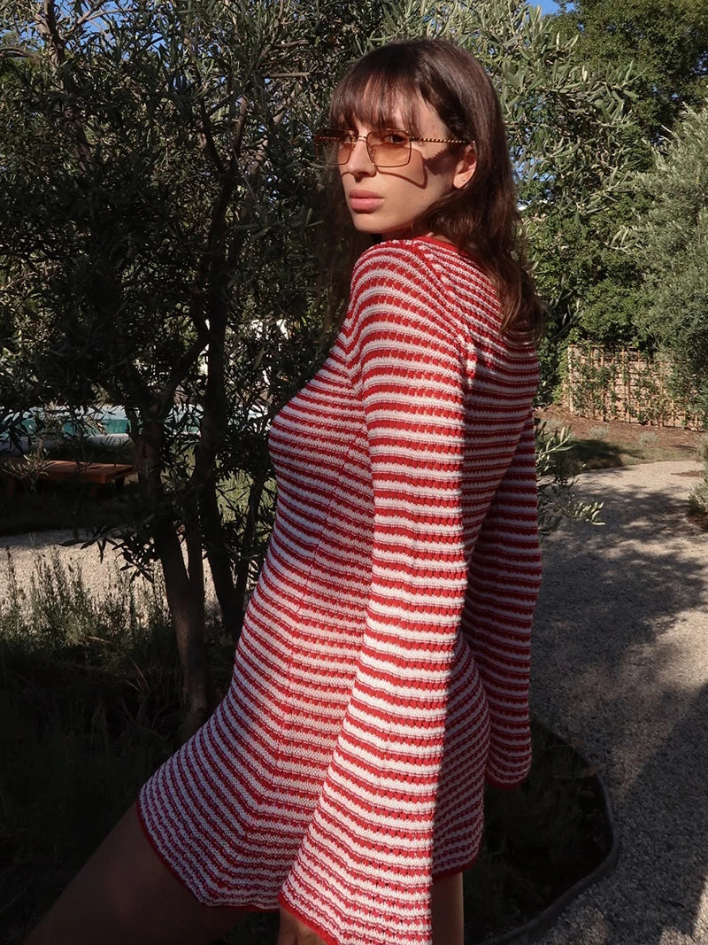 Striped Knit Mini Dress For Women Autumn Winter New O Neck Long Sleeve Contrast Color High Waist Beach Sexy Dress New