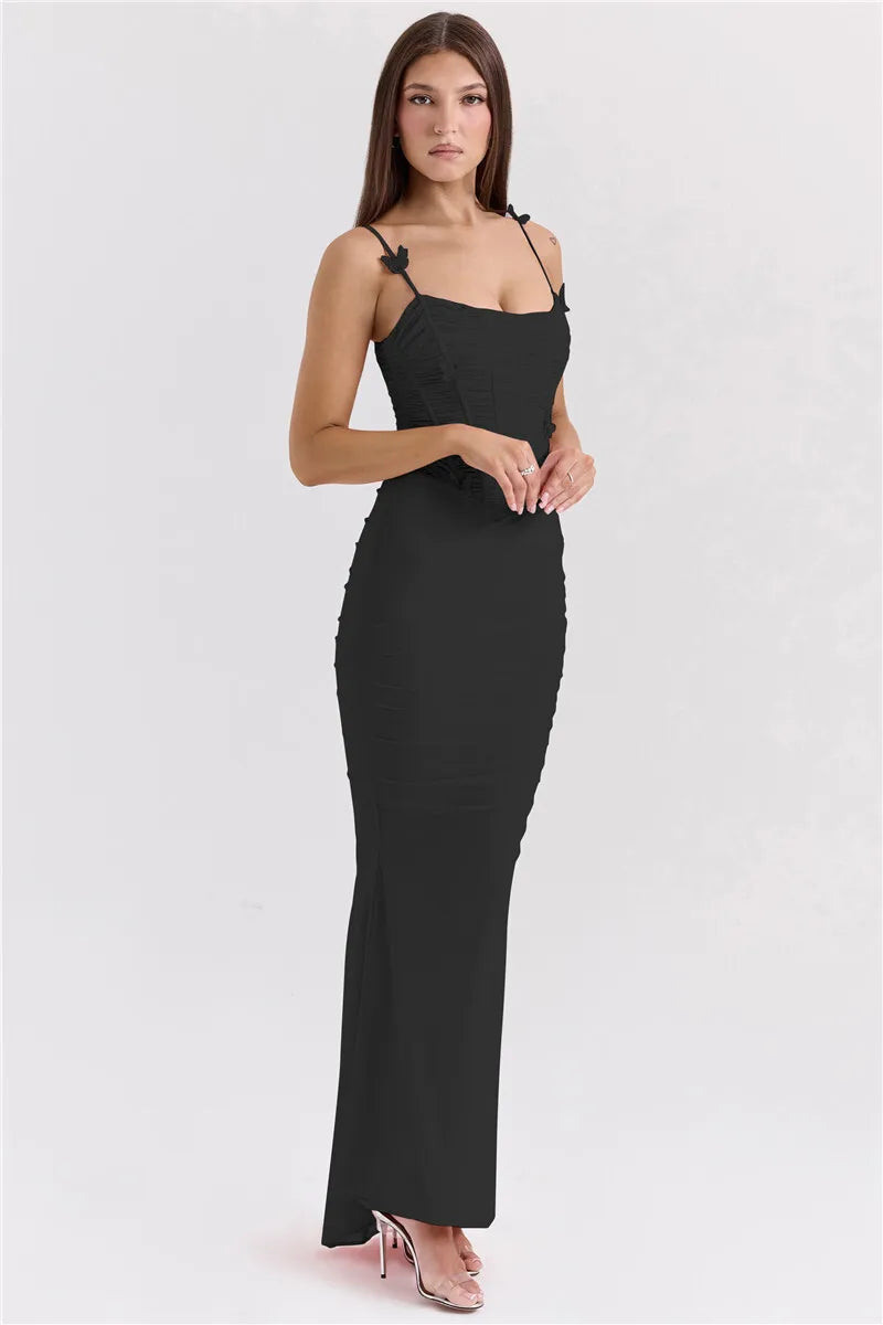 Bow Spaghetti Strap Sexy Maxi Dress For Women Gown Elegant Off-shoulder Sleeveless Backless Evening Club Party Dress