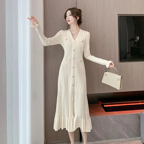 Load image into Gallery viewer, Autumn French Solid V-neck Elegant Ruffles Knit Dress Women Slim Long Sleeve Single Breast Fishtail Dress 2024 New Fashion Trend
