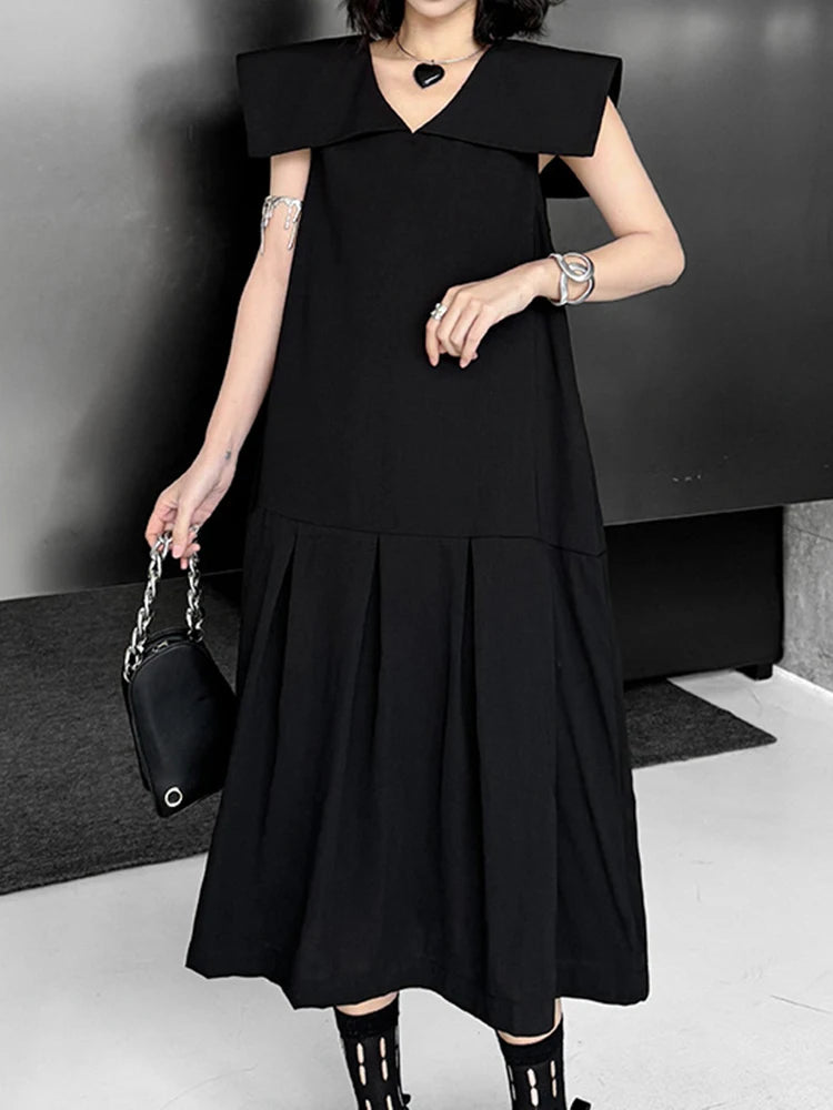 Women Black Brief Pleated Elegant Midi A-line Dress New Sailor Collar Sleeveless Fashion Tide Spring Summer 2025 1DJ1163