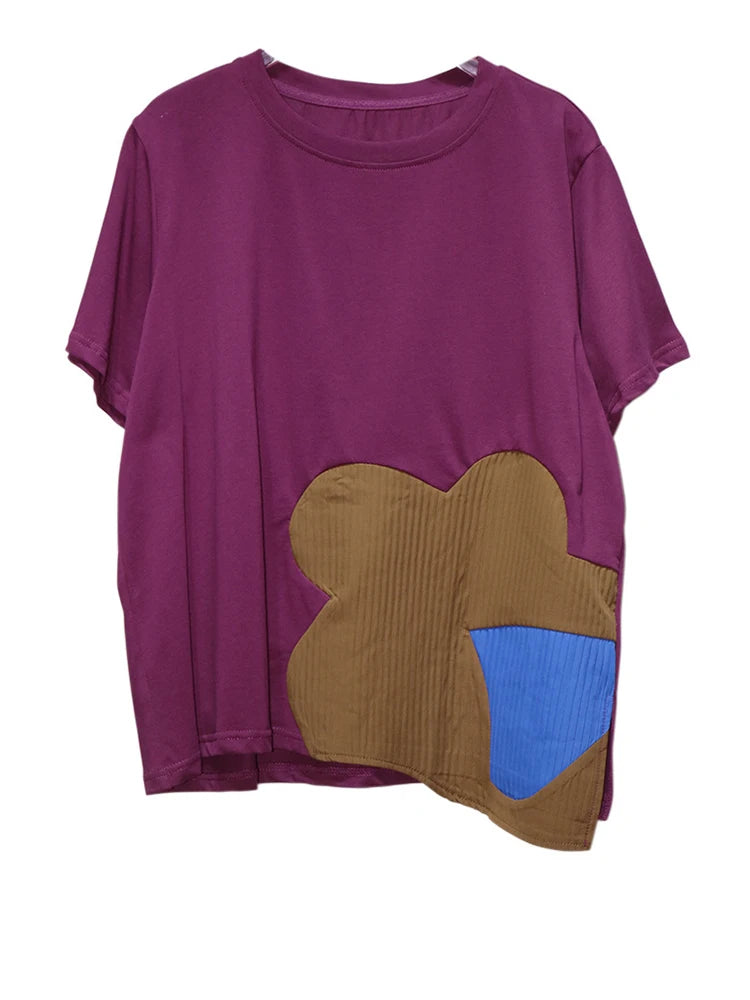 Women Black Color-block Irregular Big Size T-shirt New Round Neck Shorr Sleeve Fashion Tide Spring Summer 2025 1DJ0562