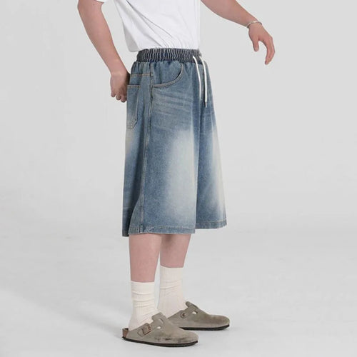 Load image into Gallery viewer, Men&#39;s Washed Wide Leg Denim Shorts New Summer Loose Solid Color Korean Elastici Waist Niche Cropped Trendy Bottoms 9W1637
