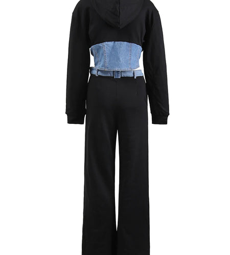 Black Denim Jacket Wide Leg Pants Two Piece Suit New Hooded Long Sleeve Women Fashion Tide Spring Autumn 2025 CPDB013