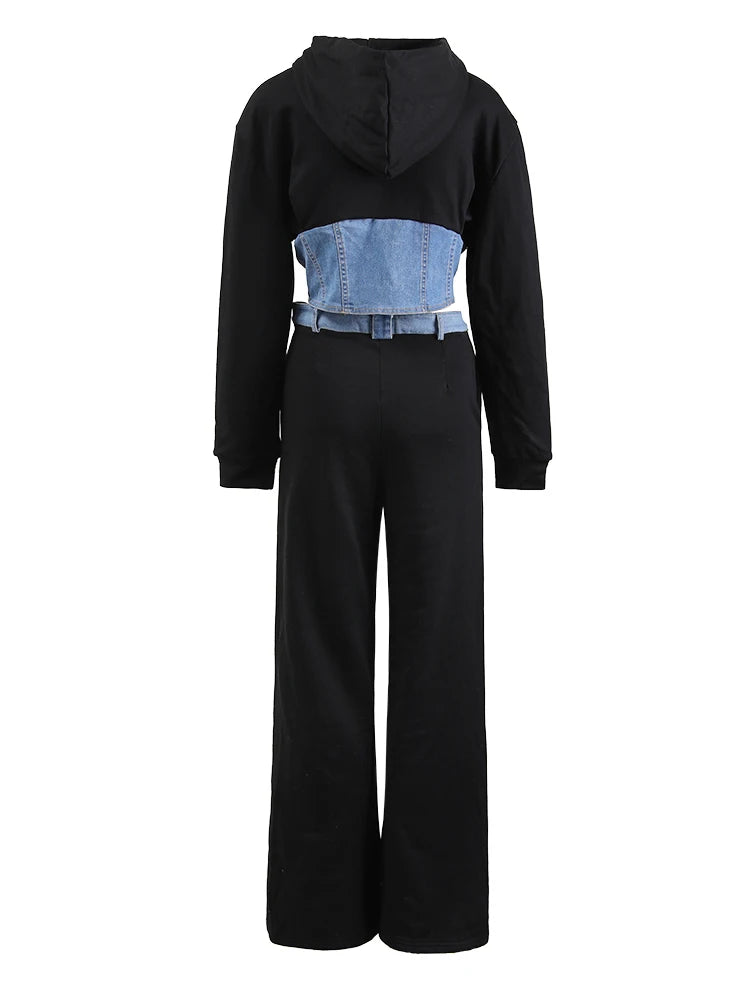 Black Denim Jacket Wide Leg Pants Two Piece Suit New Hooded Long Sleeve Women Fashion Tide Spring Autumn 2025 CPDB013