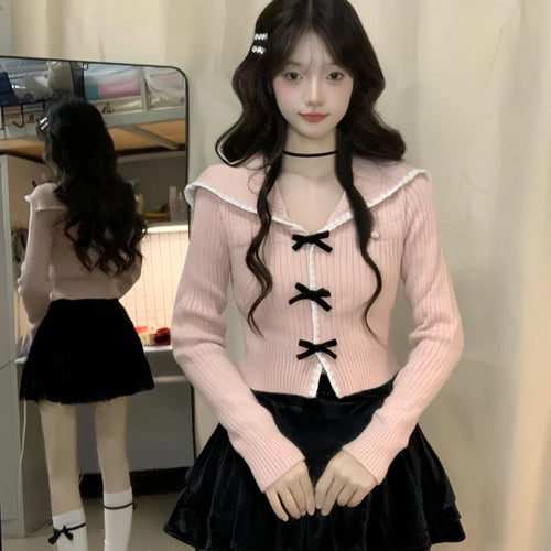 Load image into Gallery viewer, Sweet Y2k Aesthetic Sailor Collar Women's Cardigans Harajuku Slim Fit Patchwork Coats 2025 Autumn Fairy Grunge Bow Crop Tops
