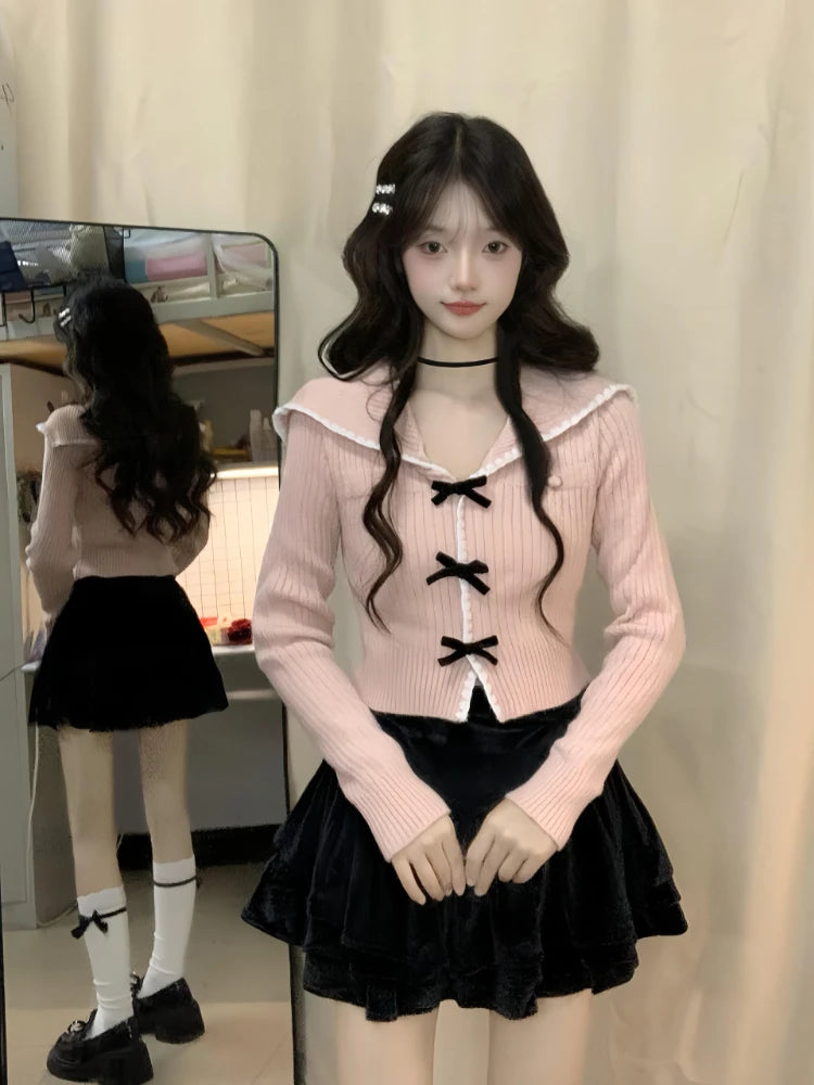 Sweet Y2k Aesthetic Sailor Collar Women's Cardigans Harajuku Slim Fit Patchwork Coats 2025 Autumn Fairy Grunge Bow Crop Tops