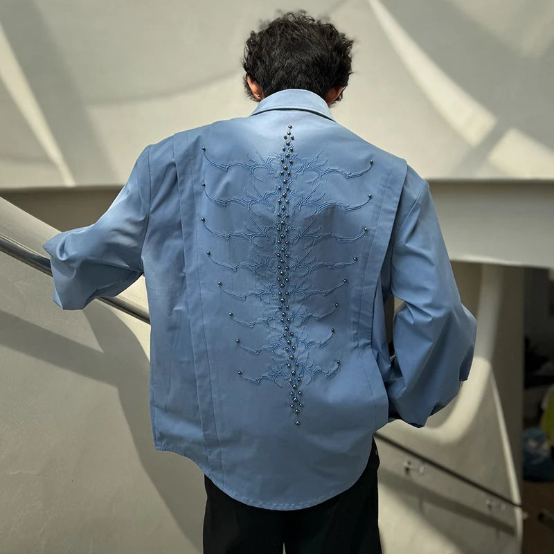 Men's Shirts Long Sleeve New Spring Embroidered Nail Bead Design Turn-down Collar Single Breasted Male Clothing 9W1750