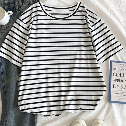 Load image into Gallery viewer, Harajuku Short Sleeve Korean O-Neck Casual Fashion Shirt Camiseta Feminina Tops T Shirt Women Solid Color Striped Punk T-shirt
