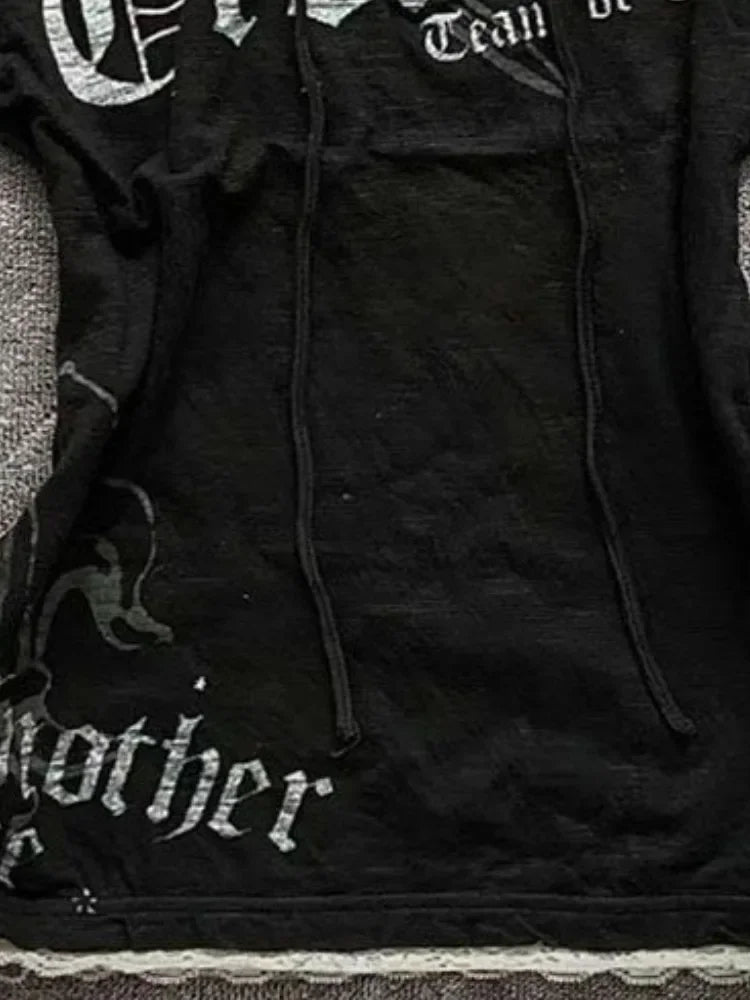 Korean Y2k Aesthetics Fake Two Pieces Bandage T-shirt Streetwear Letter Printing Fairy Grunge Tshirt Harajuku Lace Patchwork Top