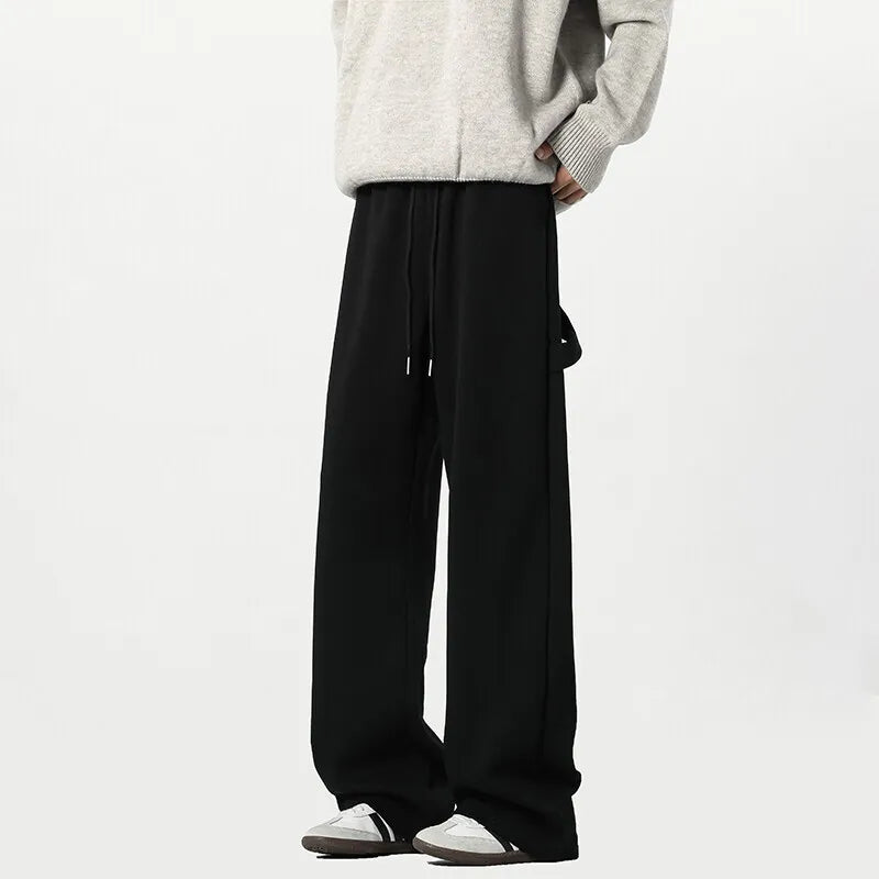 Men's Sweatpants New Korean Solid Color Stylish Casual Straight Leg Male Trousers Elastic Waist Design Bottoms 9W1646