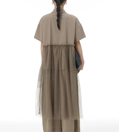 Women Black Mesh Irregular Big Size Long Blouse New Lapel Short Sleeve Shirt Fashion Tide Spring Summer 2025 1DJ1206