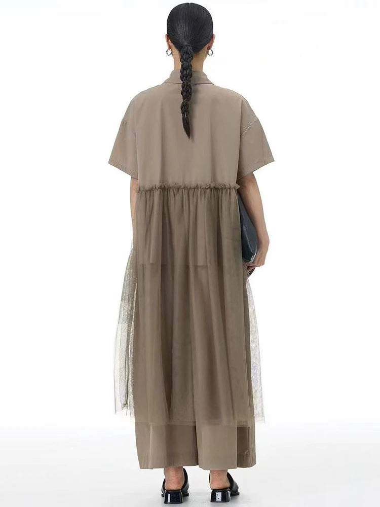 Women Black Mesh Irregular Big Size Long Blouse New Lapel Short Sleeve Shirt Fashion Tide Spring Summer 2025 1DJ1206