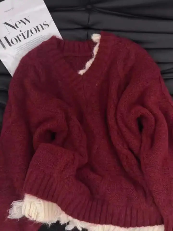 Autumn Winter Red Patchwork Elegant Warm Short Knitted Sweater Korean Women's Grey V-neck Long Sleeved Office Pullover Tops Chic