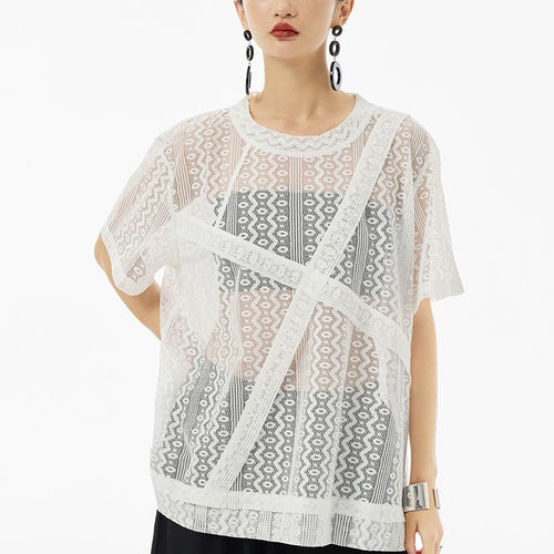Load image into Gallery viewer, Women White Lace Perspecvtive Big Size Thin T-shirt New Round Neck Short Sleeve Fashion Tide Spring Summer 2025 1DH5692
