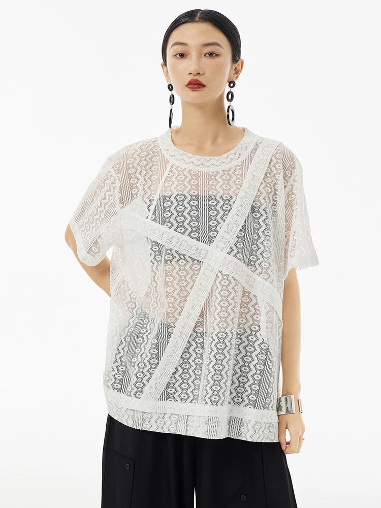 Women White Lace Perspecvtive Big Size Thin T-shirt New Round Neck Short Sleeve Fashion Tide Spring Summer 2025 1DH5692