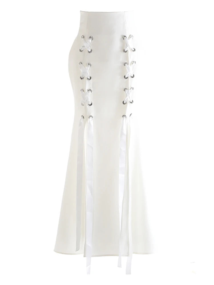 High Waist Black Bandage Slit Chiffon Long Mermaid Half-body Skirt Women Fashion Tide New Spring Autumn 2025 1DJ0911