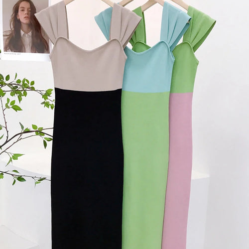 Load image into Gallery viewer, Women Contrast Color Square Neck Knit Midi Dress Slim Fit Female Stretch Knitwear C-151
