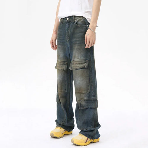 Load image into Gallery viewer, High Street Men&#39;s Denim Pants Loose Worn-out Washed Multi-pockets Straight Wide Leg Male Jeans Contrast Color Bottom 9C7029
