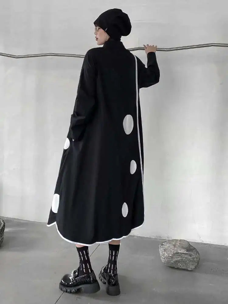 Women Black Dot Printed Long Big Size Shirt Dress New Lapel Long Sleeve Loose Fit Fashion Tide Spring Autumn 2025 1DF1508
